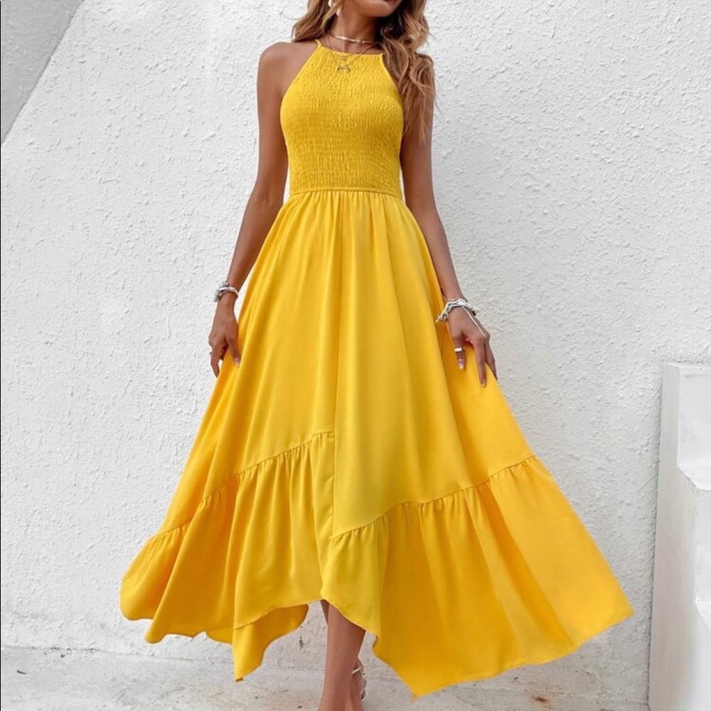 Boho Smocked Bodice Asymmetrical Hem Ruffle Cami Maxi Dress BLUE - Picture 12 of 14